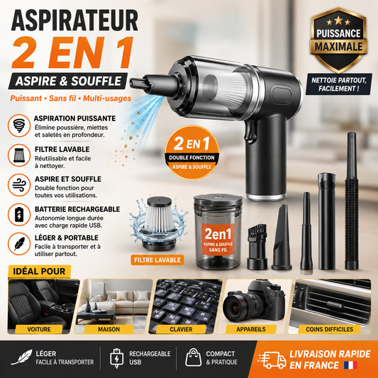 Plumeau à Air Comprimé 2 en 1 – Souffleur de Poussière Sans Fil